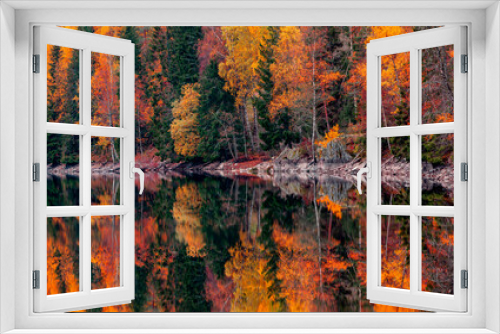 Fototapeta Naklejka Na Ścianę Okno 3D - Autumn forest reflection in lake