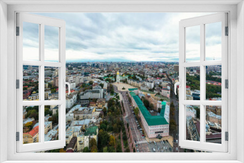 Fototapeta Naklejka Na Ścianę Okno 3D - Aerial top view of St Sophia cathedral and Kiev city skyline from above, Kyiv cityscape, capital of Ukraine