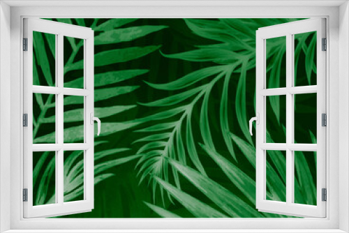 Fototapeta Naklejka Na Ścianę Okno 3D - Beautiful abstract color black and green flowers on black background and dark graphic white flower frame and green leaves texture, green background, colorful graphics banner 