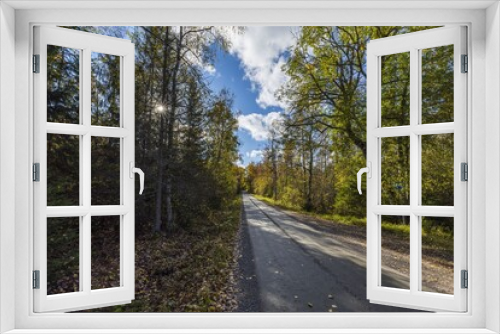 Fototapeta Naklejka Na Ścianę Okno 3D - Beautiful autumn forest landscape view. Widening road and meeting place for cars. 