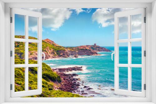 Fototapeta Naklejka Na Ścianę Okno 3D - Incredible summer view of Torre Argentina tower. Gorgeous morning scene of Sardinia island, Italy, Europe. Attractive seascape of Mediterranean sea. Beauty of nature concept background.