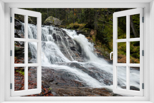 Fototapeta Naklejka Na Ścianę Okno 3D - big waterfall cascades in the forest, water among the rocks, power of nature in bohemian forest