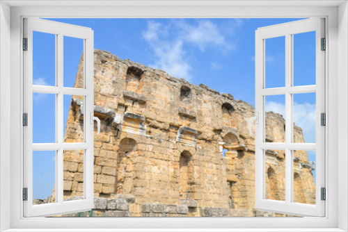 Fototapeta Naklejka Na Ścianę Okno 3D - Aspendos was an ancient Greco-Roman city in Antalya. Famous historical landmark of Turkey. Founded in the 5th century BC. Great Basilica. Temple, Cisterns, City Square, Nymphaeum, Agora, Market hall.