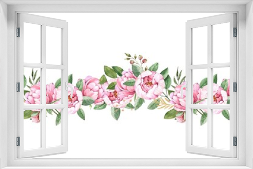 Fototapeta Naklejka Na Ścianę Okno 3D - seamless ornament of delicate pink flowers peonies watercolor illustration on a white background. hand painted for wedding invitations, decor and design