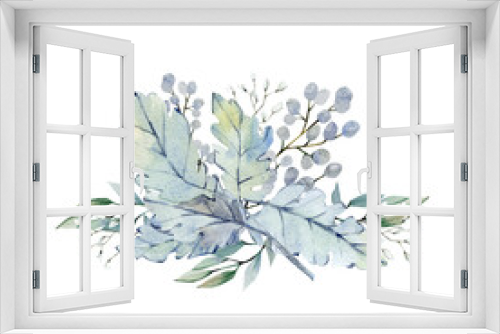 Fototapeta Naklejka Na Ścianę Okno 3D - Watercolor winter branches, leaves, foliage twigs and frozen barries. Hand painted winter navy blue boho chic wild floral bouquet for wedding invintation, bridal card, greeting card, baby shower card.