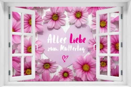 Fototapeta Naklejka Na Ścianę Okno 3D - Alles Liebe zum Muttertag. Hintergrund mit Rahmen aus rosa Blumen, Herz Karte, Handschrifttext, weißes Holz.