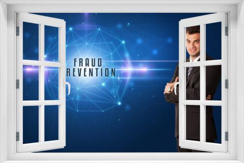 Businessman thinking about security solutions with FRAUD PREVENTION inscription