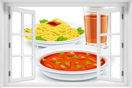 Fototapeta Naklejka Na Ścianę Okno 3D - Set meal dinner menu with soup pasta and juice drink. Isolated on white background. Illustration.