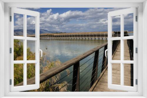 Fototapeta Naklejka Na Ścianę Okno 3D - View from an observation bridge on Hula Lake nature reserve, located within the northern part of Syrian-African Rift, between Golan Heights in the east & Upper Galilee mountains in the west, Israel.