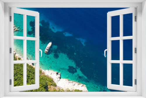 Fototapeta Naklejka Na Ścianę Okno 3D - Aerial drone ultra wide panoramic photo of beautiful turquoise bay in island of Ithaki or Ithaca, Ionian, Greece