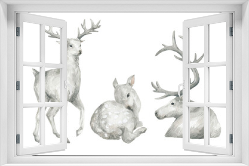 Fototapeta Naklejka Na Ścianę Okno 3D - Watercolor illustration with male reindeer and baby deer. The horned animal of the north. Wildlife nature, white deers