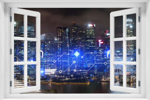 Fototapeta Naklejka Na Ścianę Okno 3D - Information flow hologram, night panorama city view of Singapore. The largest technological center in Asia. The concept of programming science. Double exposure.