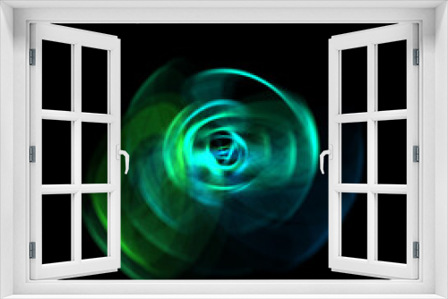 Fototapeta Naklejka Na Ścianę Okno 3D - Spinning rays of light isolated on black background. Graphic 2D illustration of glowing colorful light particles in circular motion.