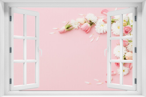 Fototapeta Naklejka Na Ścianę Okno 3D - pink and white flowers on pink paper background