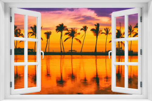 Fototapeta Naklejka Na Ścianę Okno 3D - Paradise beach travel destination on Caribbean island, summer vacation dream background of palm trees silhouette reflection on calm water sea panorama.