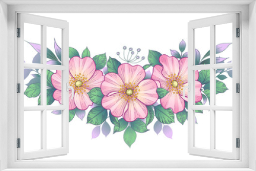 Fototapeta Naklejka Na Ścianę Okno 3D - Hand Drawn Dog-Rose Flowers and Leaves