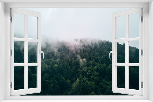 Fototapeta Naklejka Na Ścianę Okno 3D - Fichtenwald von oben in Wolken gehüllt