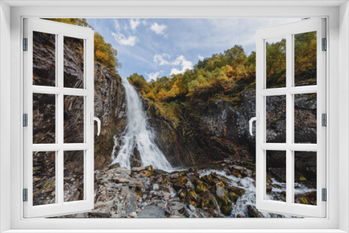 Fototapeta Naklejka Na Ścianę Okno 3D - Small waterfall in mountain. Hiking and eco tourism in Caucasus mountain. Travel destinations.