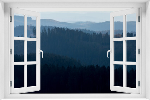 Fototapeta Naklejka Na Ścianę Okno 3D - a coniferous forest landscape in the evening