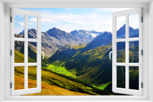 Fototapeta Naklejka Na Ścianę Okno 3D - View from the top of mountain Jakobshorn above Davos town, Albula Alps,Canton of Grisons, Switzerland. Alpine landscape in sunny day.