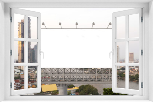 Fototapeta Naklejka Na Ścianę Okno 3D - Blank white road billboard with Bangkok cityscape background at day time. Street advertising poster, mock up, 3D rendering. Front view. The concept of marketing communication to promote or sell idea.