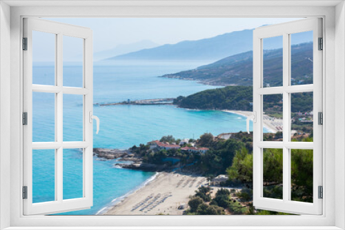 Fototapeta Naklejka Na Ścianę Okno 3D - Vertical photo of the views from above to Mesakti and Livadi beaches in Ikaria, Greece. Beautiful blue Greek beaches on a sunny summer day.
Concept vacation, beach, nature.