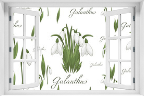 Fototapeta Naklejka Na Ścianę Okno 3D - The snowdrops seamless pattern. Spring flowers ornament with Galanthus text on white and transparent background.