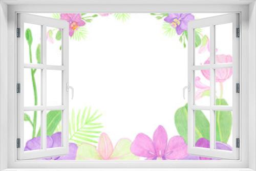 Fototapeta Naklejka Na Ścianę Okno 3D - Watercolor frame border orchid elements with flowers and leaves