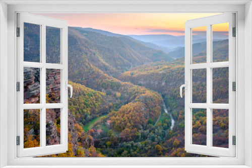 Fototapeta Naklejka Na Ścianę Okno 3D - Amazing view from Tumba vantage point on a canyon with meandering river Temstica, autumn colored trees and a rocky summit