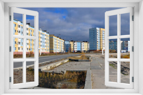 Fototapeta Naklejka Na Ścianę Okno 3D - Panoramamic view of Orudzhev embankment. Nadym, Yamalo-Nenets Autonomous Okrug (Yamal), Russia.