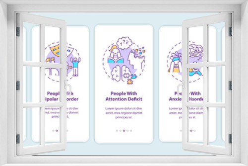 SAD risk groups onboarding mobile app page screen with concepts. North inhabitants, attention deficit walkthrough 5 steps graphic instructions. UI vector template with RGB color illustrations