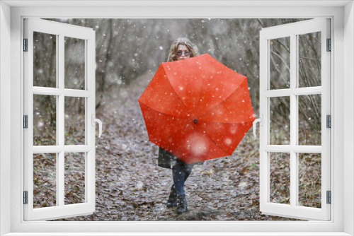 Fototapeta Naklejka Na Ścianę Okno 3D - girl romantic portrait first snow autumn, snowflakes blurred background seasonal winter