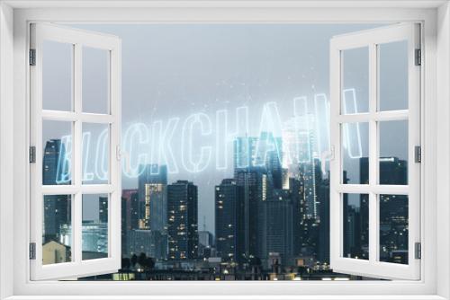 Fototapeta Naklejka Na Ścianę Okno 3D - Abstract virtual blockchain technology sketch on Los Angeles office buildings background, future technology and blockchain concept. Double exposure