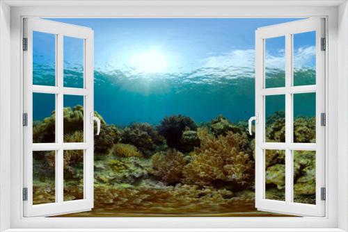 Fototapeta Naklejka Na Ścianę Okno 3D - Tropical fishes and coral reef at diving. Underwater world with corals and tropical fishes. Virtual Reality 360.