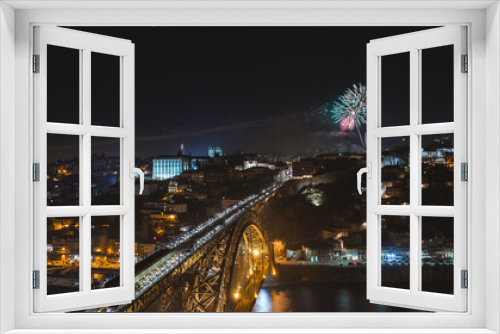 Fototapeta Naklejka Na Ścianę Okno 3D - new year fireworks in Porto, Portugal, Dom Luis I bridge, Ponte Luis I over Douru river