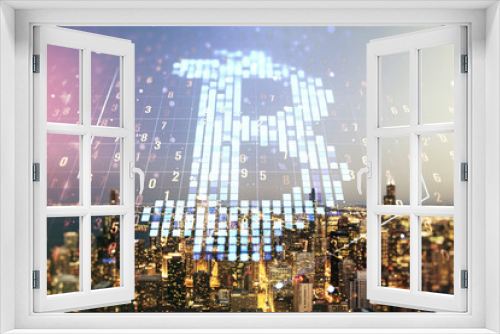 Fototapeta Naklejka Na Ścianę Okno 3D - Virtual Bitcoin hologram on Chicago skyline background. Multiexposure
