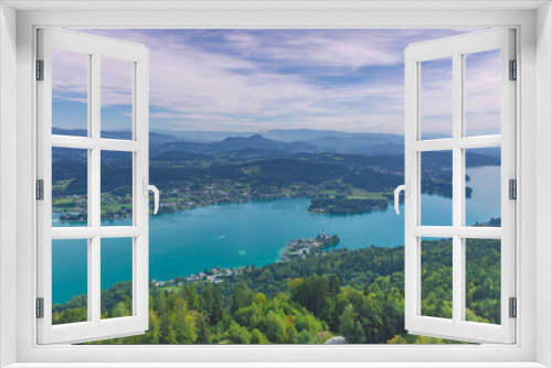Fototapeta Naklejka Na Ścianę Okno 3D - Aerial view with the alpine lake Worthersee from The Pyramidenkogel, the highest wooden viewing tower in the world, famous tourists attraction in Carinthia region, Austria