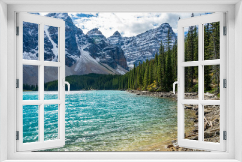 Fototapeta Naklejka Na Ścianę Okno 3D - Moraine lake beautiful landscape in summer sunny day morning. Sparkle turquoise blue water, snow-covered Valley of the Ten Peaks. Banff National Park, Canadian Rockies, Alberta, Canada