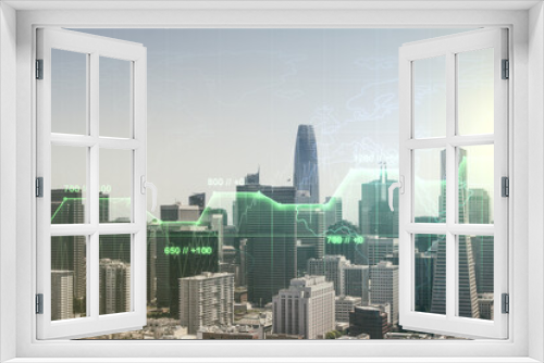 Fototapeta Naklejka Na Ścianę Okno 3D - Abstract virtual analytics data spreadsheet on San Francisco cityscape background, analytics and analysis concept. Multiexposure