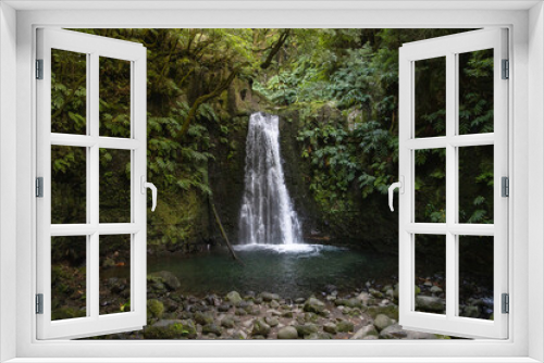 Fototapeta Naklejka Na Ścianę Okno 3D - Salto do Prego, Waterfall in a forest in Sao Miguel Island, Azores