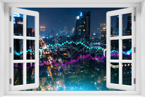 Fototapeta Naklejka Na Ścianę Okno 3D - FOREX graph hologram, aerial night panoramic cityscape of Bangkok, the developed location for stock market researchers in Asia. The concept of fundamental analysis. Double exposure.
