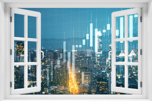 Fototapeta Naklejka Na Ścianę Okno 3D - Double exposure of virtual creative financial diagram on San Francisco office buildings background, banking and accounting concept