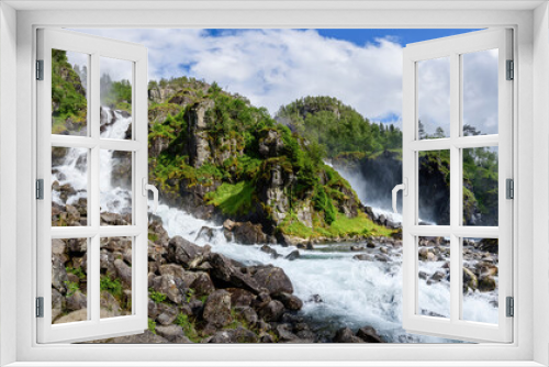 Fototapeta Naklejka Na Ścianę Okno 3D - Låtefoss twin waterfall in Hardangervidda, Odda, Norway. 