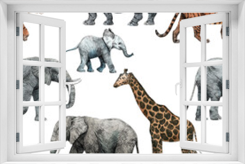 Fototapeta Naklejka Na Ścianę Okno 3D - Beautiful stock seamless pattern with cute hand drawn safari giraffe elephant tiger monkey rhinoanimal pencil illustrations.