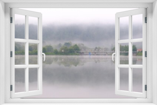 Fototapeta Naklejka Na Ścianę Okno 3D - Misty view of Krempna reservoir and bridge on magical morning. Low Beskids Mountains, Poland