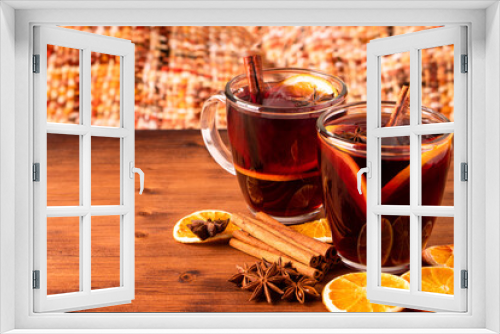 Fototapeta Naklejka Na Ścianę Okno 3D - German tradition winter Christmas market new year holidays festival drink tea Gluhwein Mulled sweet hot warm red Wine with spices citrus aromatic cinnamon star anise