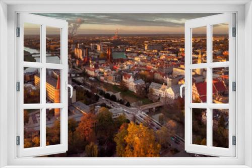 Fototapeta Naklejka Na Ścianę Okno 3D - A drone view of the historic city with the market square, churches and town hall in Opole during the Autumn in Silesia, Opole, Poland.