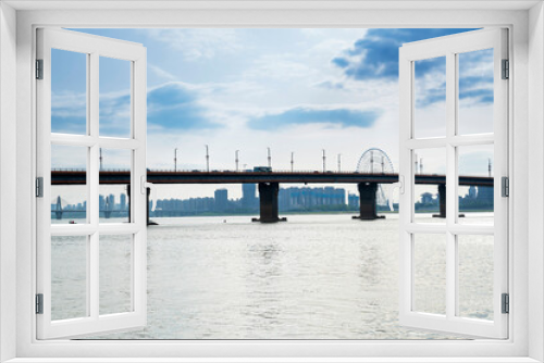 Fototapeta Naklejka Na Ścianę Okno 3D - Bridge at Sunset in modern city