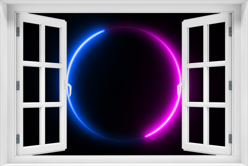 Fototapeta Naklejka Na Ścianę Okno 3D - Neon circle shape or laser glowing pink and blue lines.  Retrowave style wallpaper with copyspace.  illustration of realistic mockup, template for game design, night club logo.