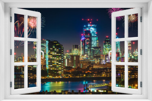 Fototapeta Naklejka Na Ścianę Okno 3D - London skyline panorama with fireworks display 